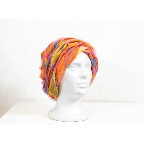 Vintage 60s Bright Colorful Christian Dior Hat, Turban Tulle Chapeaux Cloche - Picture 1 of 12